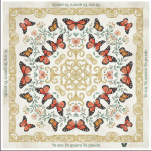 Pañuelo de colección beige mariposas monarcas "Yo soy Yo quiero Yo puedo" (65cm x 65cm)