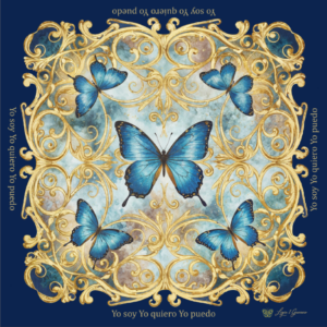 Pañuelo de colección azul con mariposas "Yo soy Yo quiero Yo puedo" (65cm x 65cm)