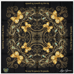 Pañuelo de colección negro con mariposas "Yo soy Yo quiero Yo puedo" (65cm x 65cm)